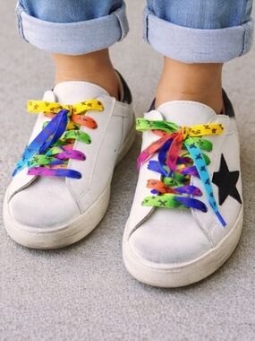 Golden Goose White Sneakers with Black Heel Tab and Rainbow Laces